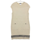Chanel Dress Cashmere Knit Sleeveless Tweed Contrast Line CC Logo Button Ivory