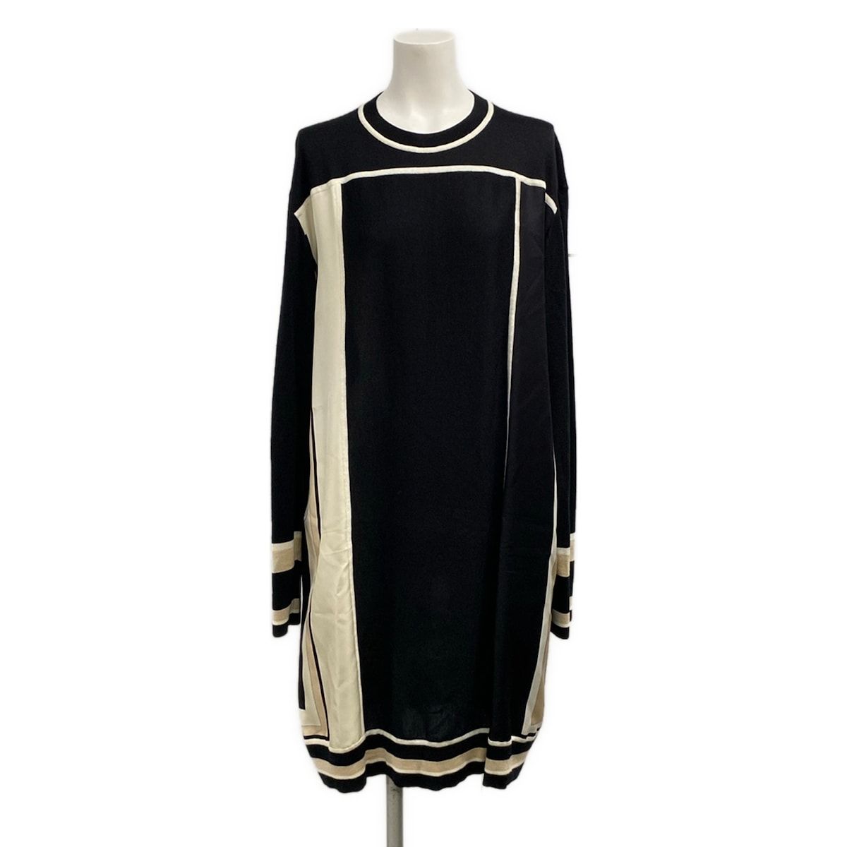 Hermes Dress 42 L Black Ivory Beige Crew Neck Long Sleeve Cashmere Silk