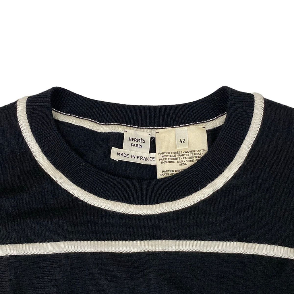 Hermes Dress 42 L Black Ivory Beige Crew Neck Long Sleeve Cashmere Silk — view 8