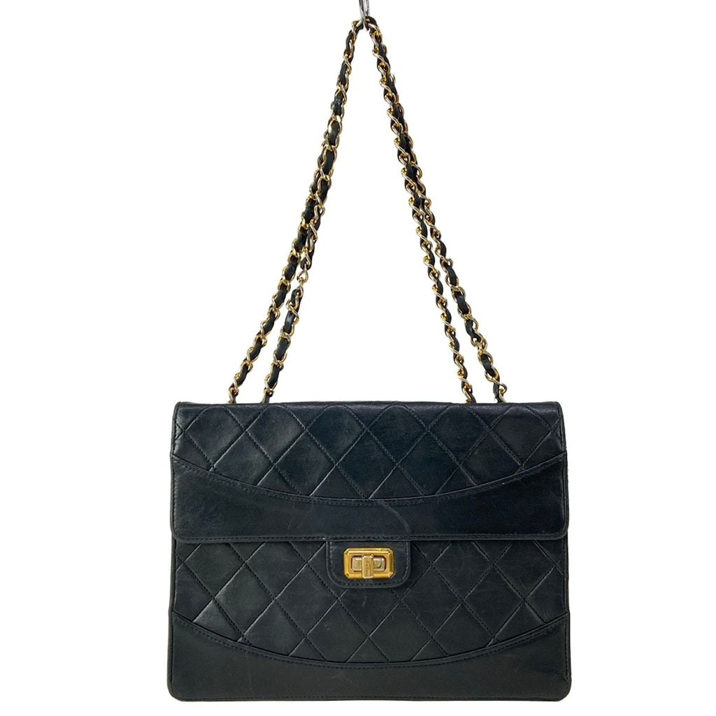 Chanel Shoulder Bag Quilted Black Chain Gold Turnlock Lambskin