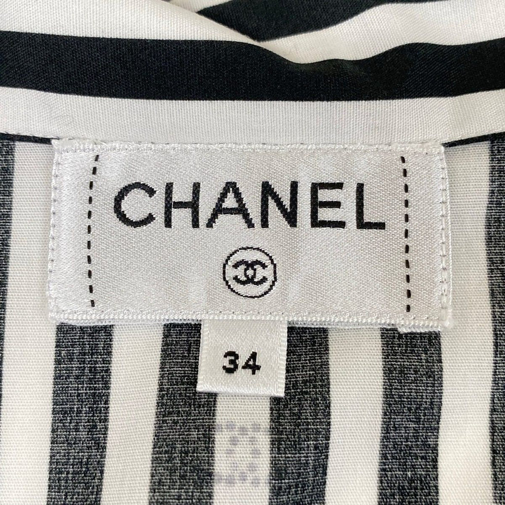 Chanel Short Sleeve Shirt Blouse 34 S White CC Logo Stripe Rhinestone Cotton — view 3