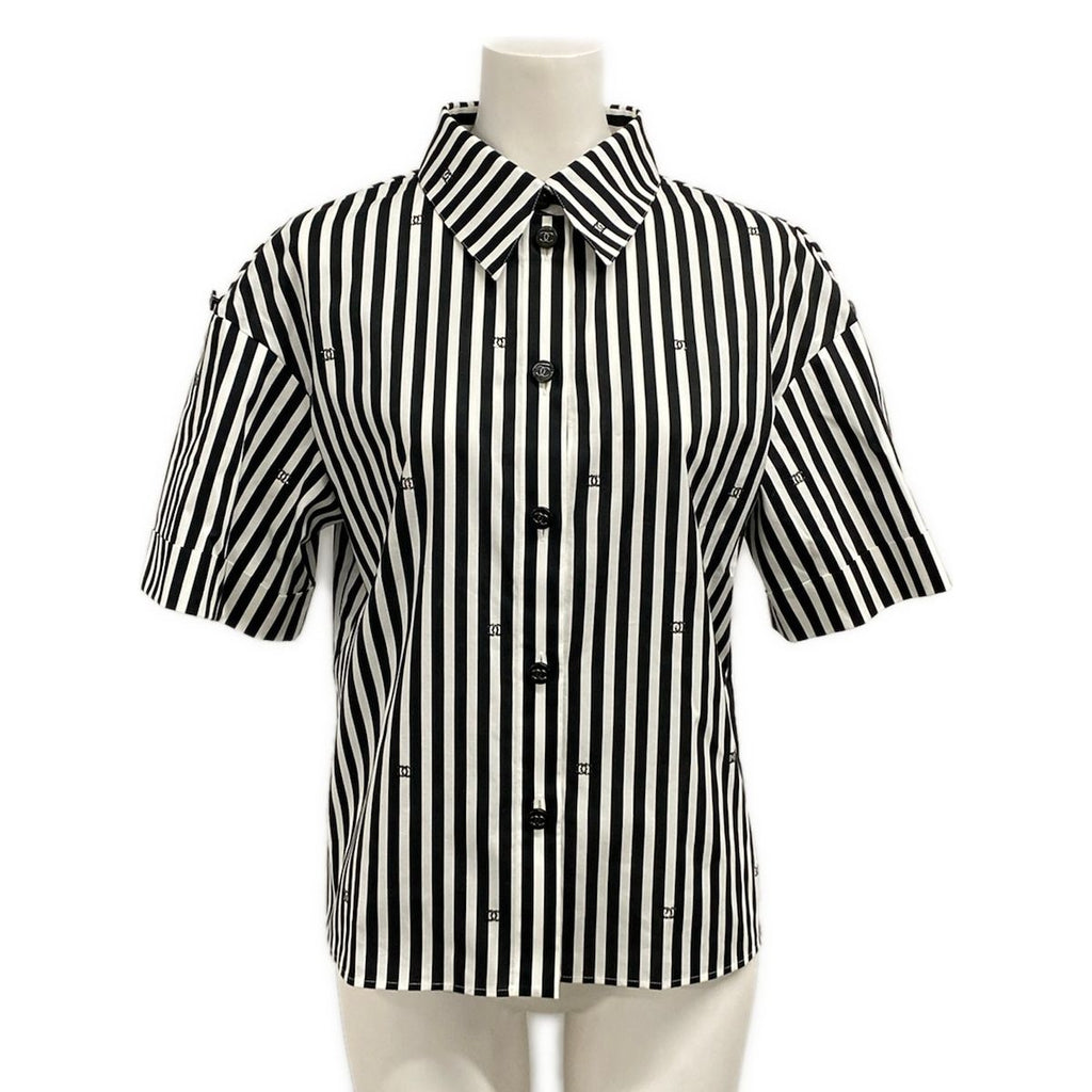 Chanel Short Sleeve Shirt Blouse 34 S White CC Logo Stripe Rhinestone Cotton