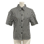 Chanel Short Sleeve Shirt Blouse 34 S White CC Logo Stripe Rhinestone Cotton