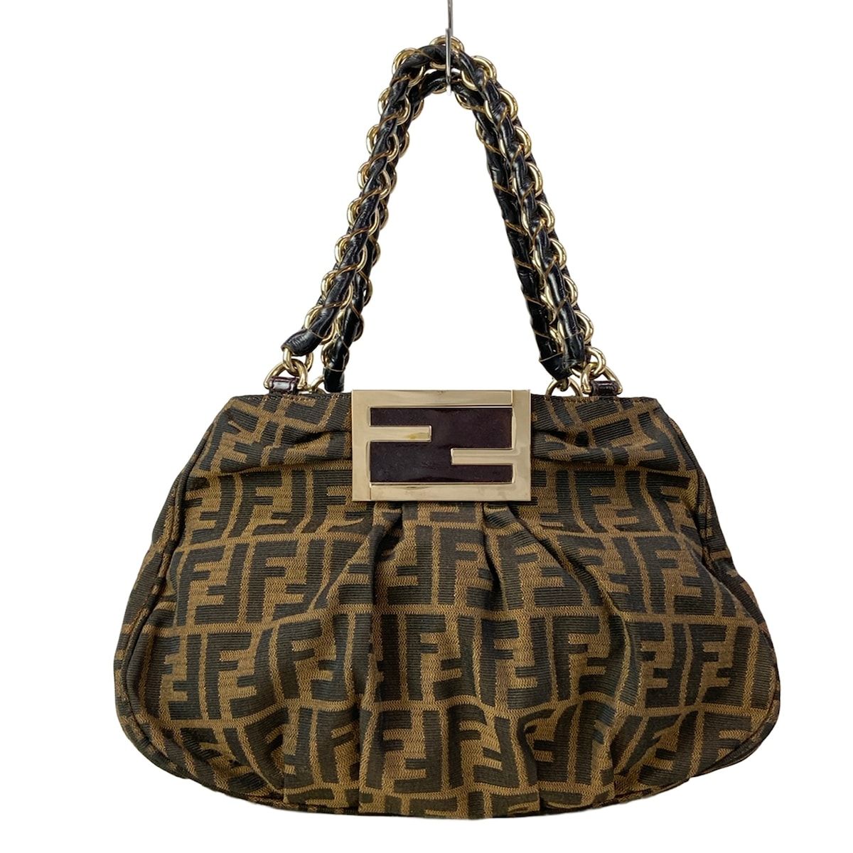 Fendi Handbag Zucca Pattern Light Brown Chain Handle Leather