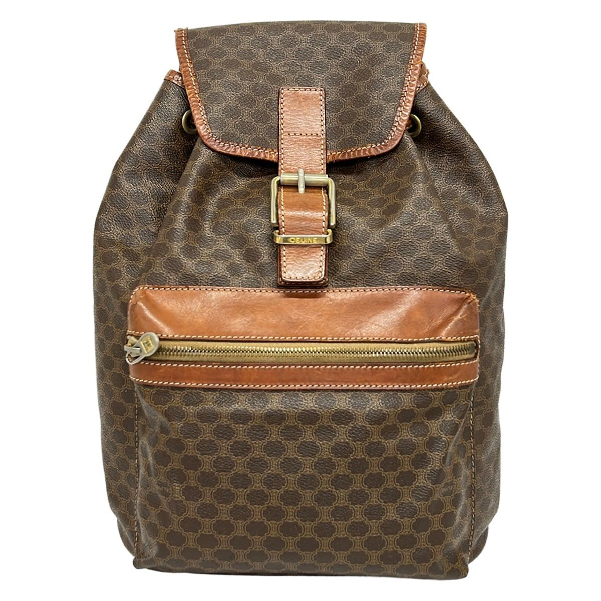 Celine Backpack Macadam Pattern Dark Brown Drawstring Leather