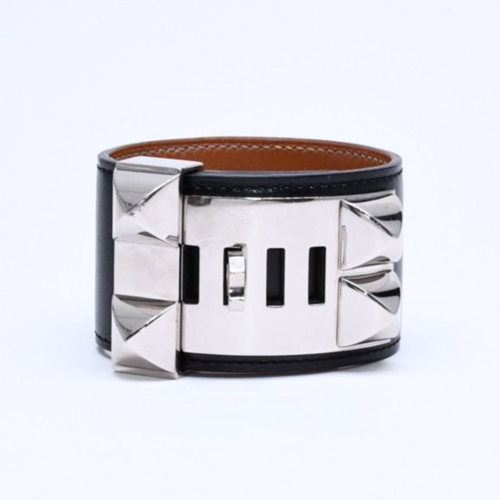 Hermes Collier de Chien Bracelet Bangle Box Calf Black Silver