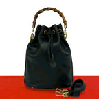 Gucci Vintage Bamboo Logo Leather 2-Way Shoulder Bag Drawstring Black