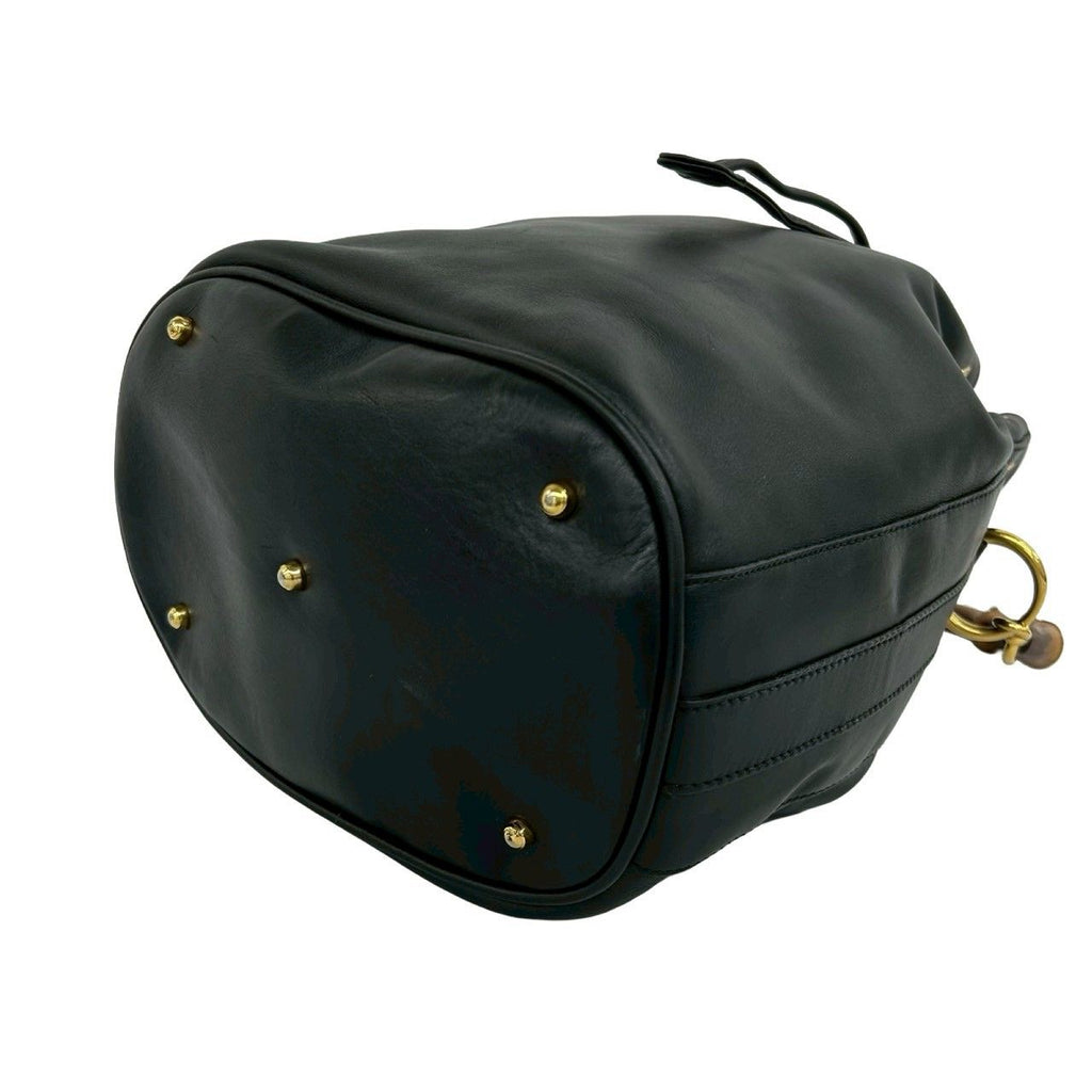 Gucci Vintage Bamboo Logo Leather 2-Way Shoulder Bag Drawstring Black — view 8