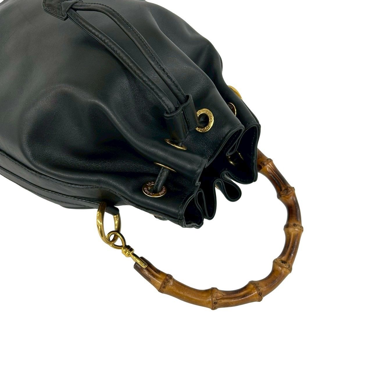 Gucci Vintage Bamboo Logo Leather 2-Way Shoulder Bag Drawstring Black — view 4