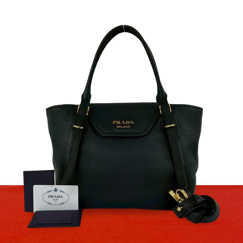 Prada Logo Leather 2-Way Shoulder Bag Mini Tote Black