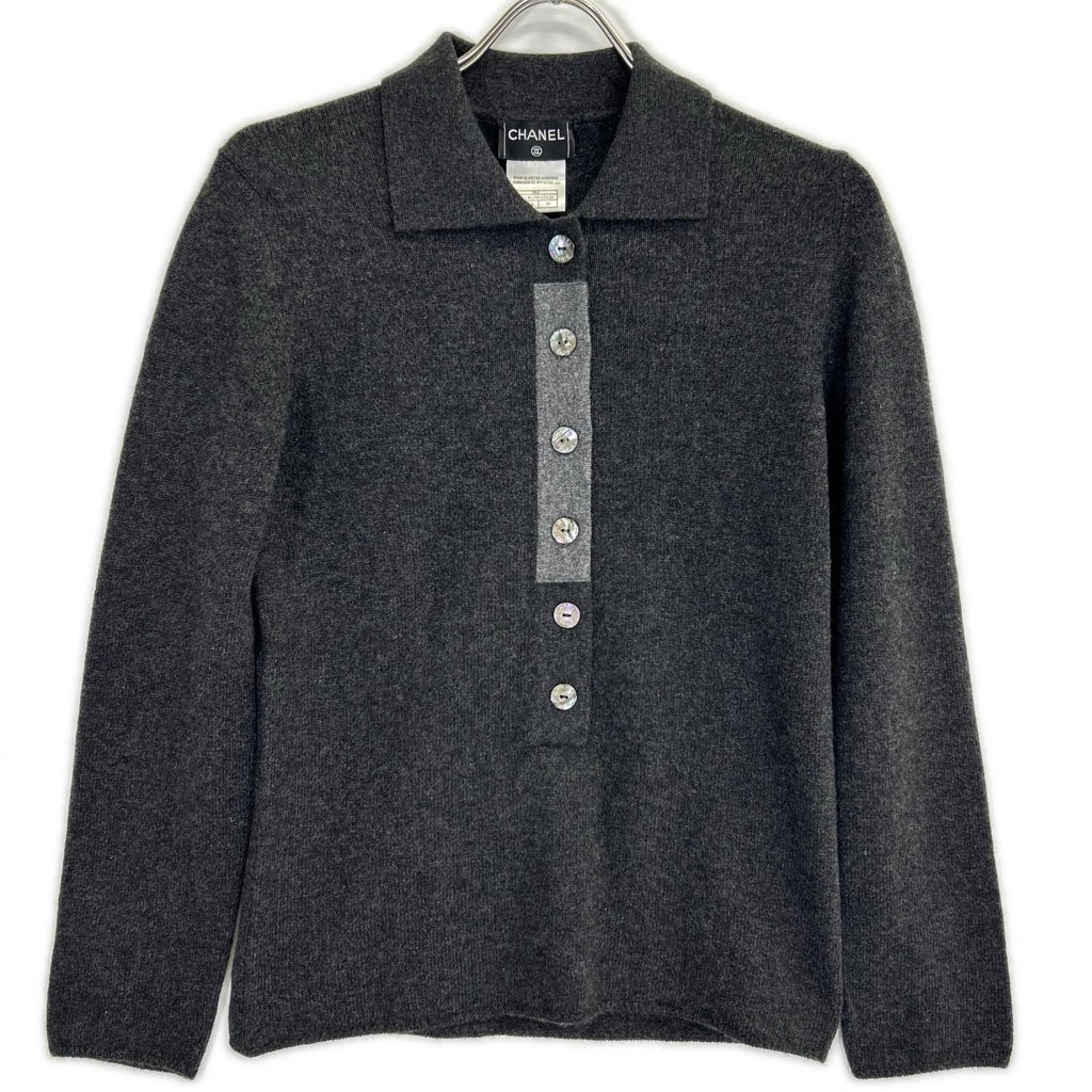 Chanel Collared Knit Top Cashmere Shell Button Gray 38 Sweater