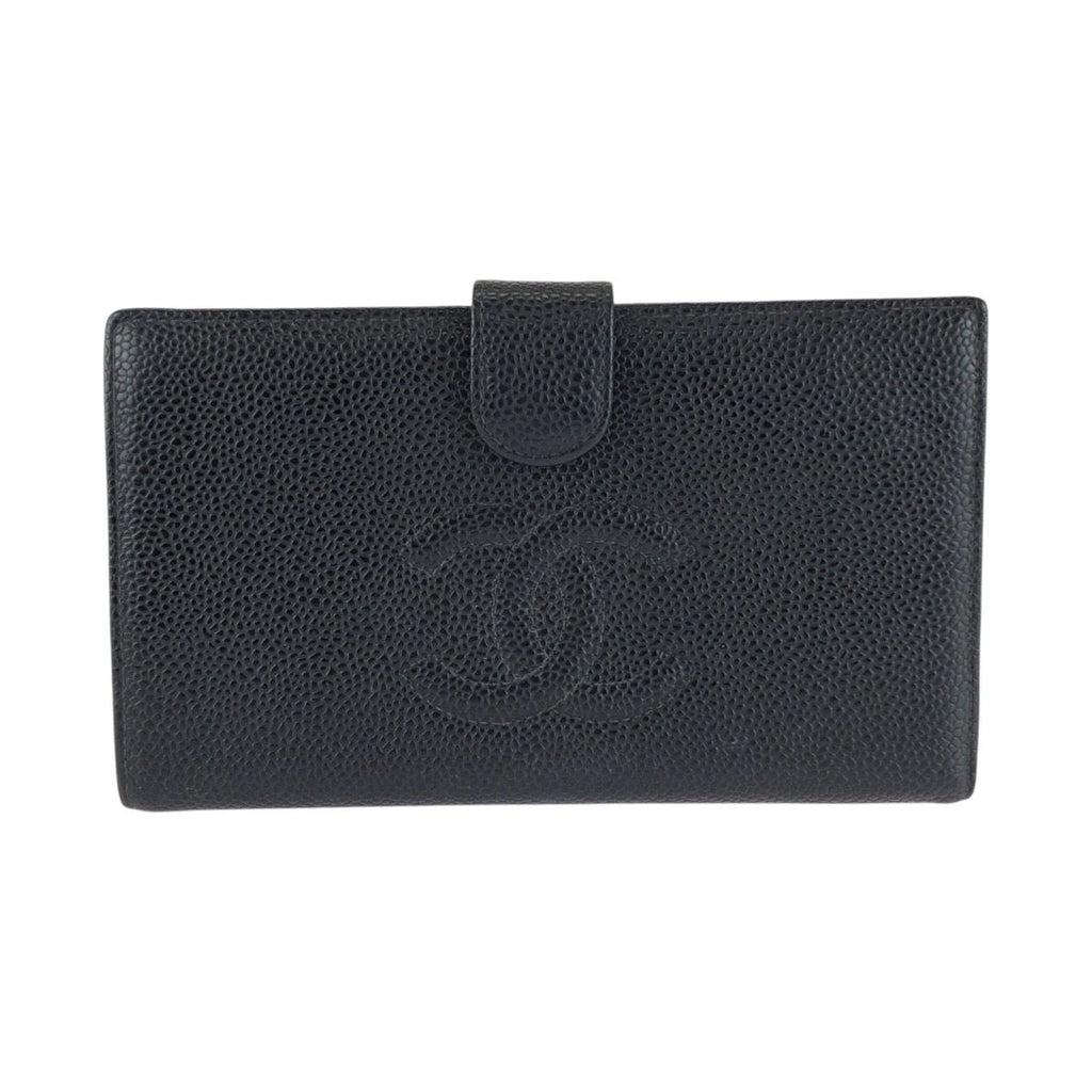 Chanel CC Logo Kiss Lock Black Gold Leather Wallet