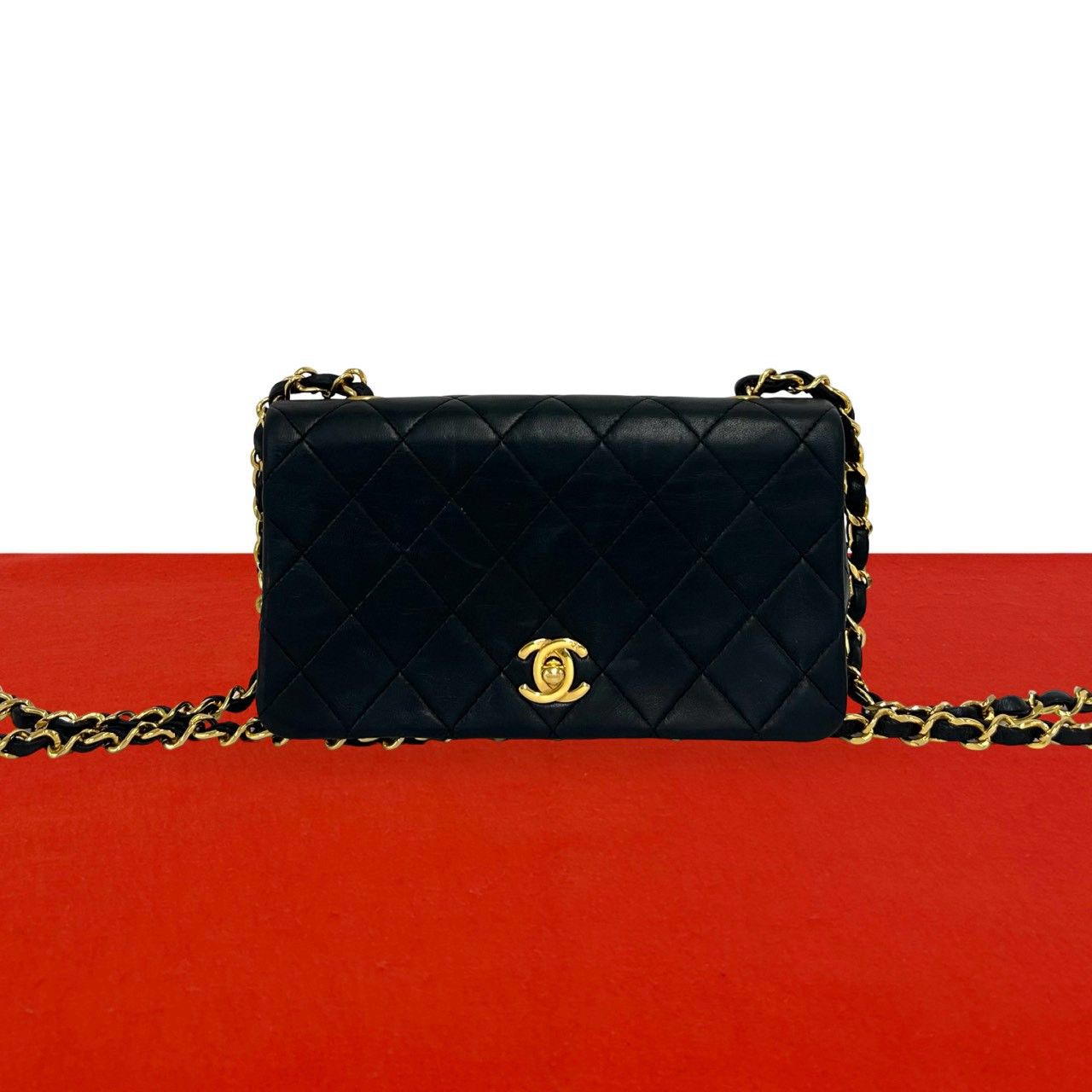 Chanel Vintage Quilted CC Logo Full Flap Lambskin Shoulder Bag Black