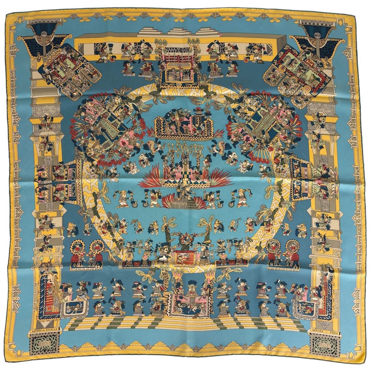 Hermes Carre 90 Astres Et Soleils Scarf Celestial and Sun Ethnic Silk Blue