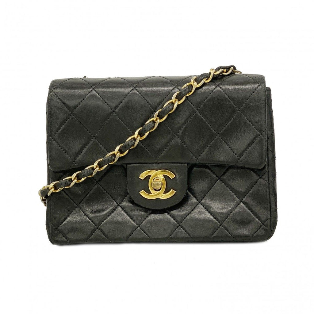 Chanel Shoulder Bag Mini Quilted Lambskin Black Gold
