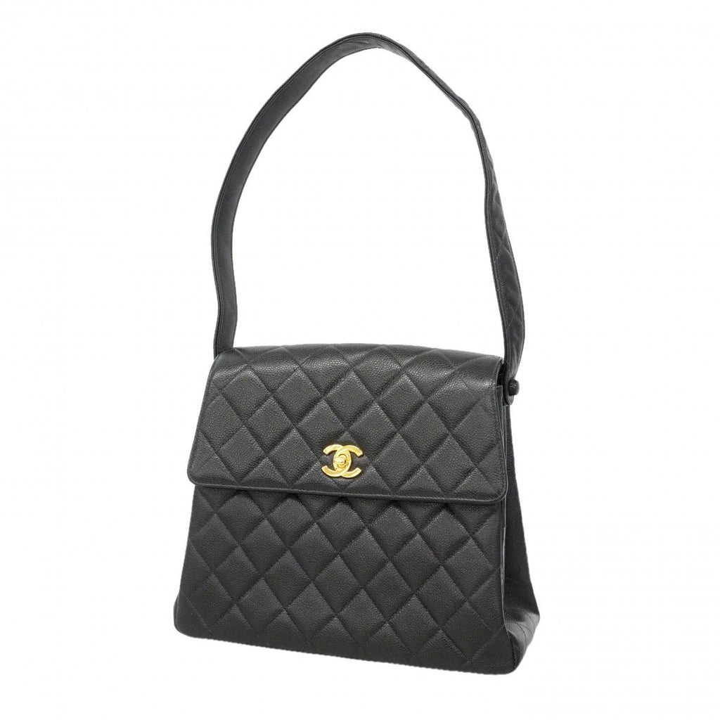 Chanel Shoulder Bag Quilted Caviar Leather Black Gold