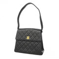 Chanel Shoulder Bag Quilted Caviar Leather Black Gold