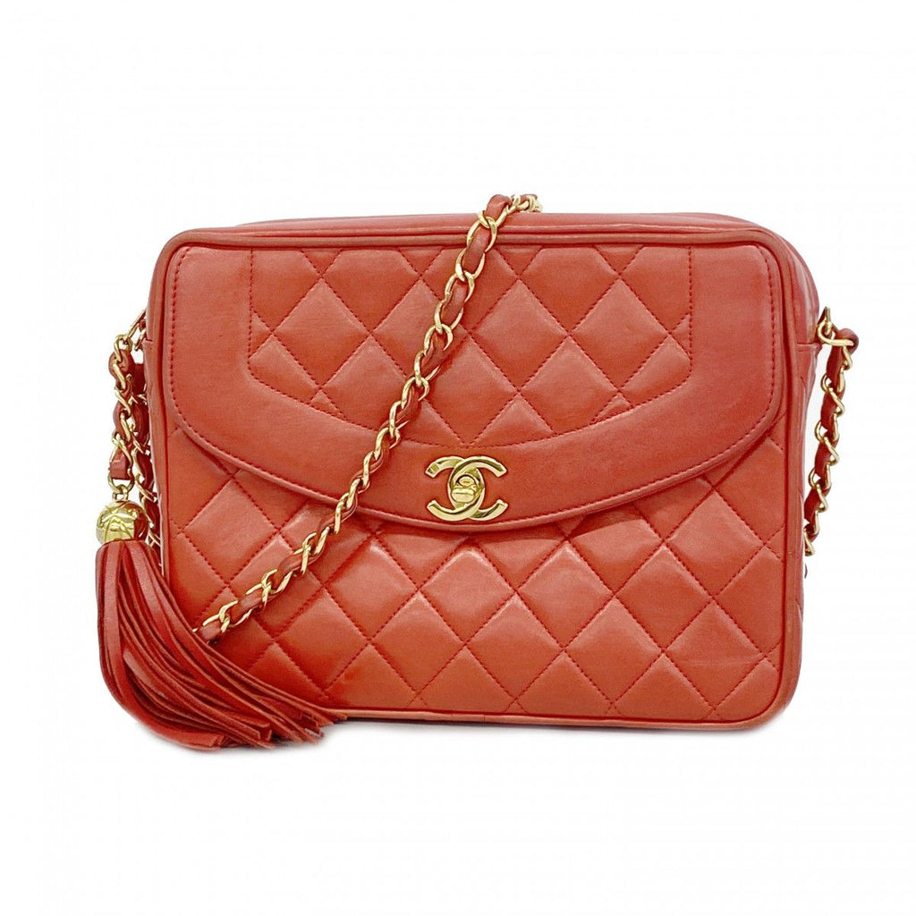 Chanel Shoulder Bag Quilted Lambskin Red Gold