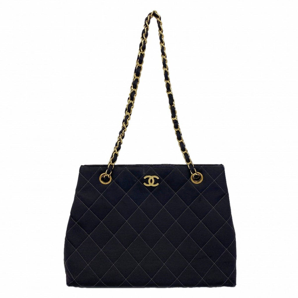 Chanel Shoulder Bag Quilted Cotton Black Gold