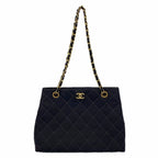 Chanel Shoulder Bag Quilted Cotton Black Gold
