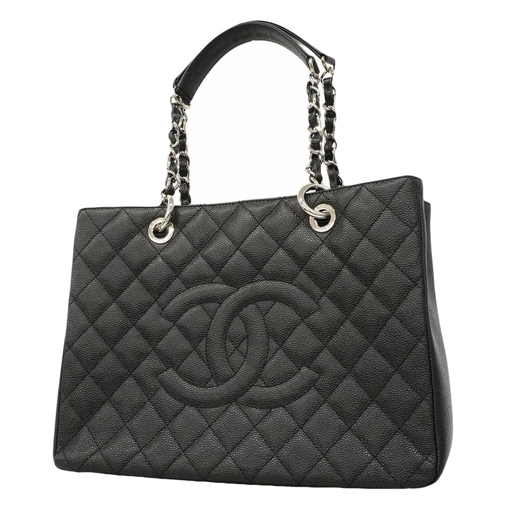 Chanel Chain Tote Quilted Caviar Leather Black Silver
