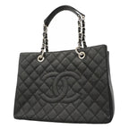 Chanel Chain Tote Quilted Caviar Leather Black Silver