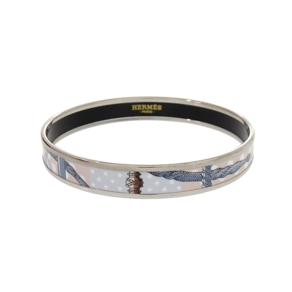 Hermes Enamel PM Metal Silver Blue Bangle Bracelet