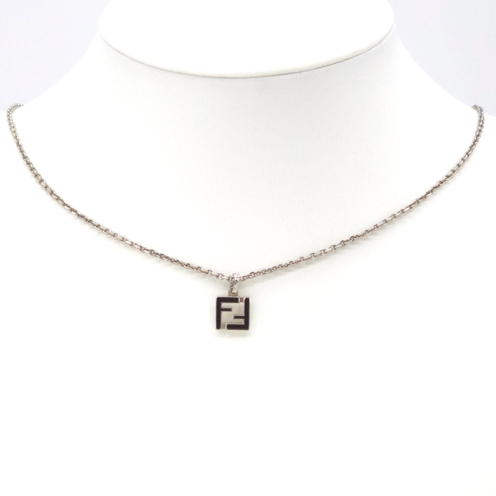 Fendi FF Logo Necklace 51 57 Black Color Enamel Palladium Polished Brass