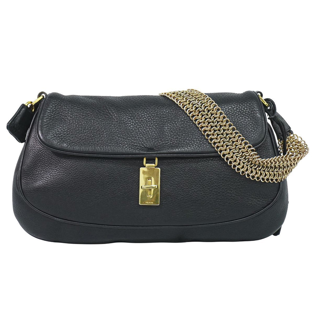 Prada Turnlock Chain Shoulder Bag Leather Black Second