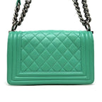 Chanel Boy Shoulder Bag Calfskin Green Silver Chain Bag Double CC Logo Quilted — view 5