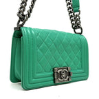 Chanel Boy Shoulder Bag Calfskin Green Silver Chain Bag Double CC Logo Quilted — view 3