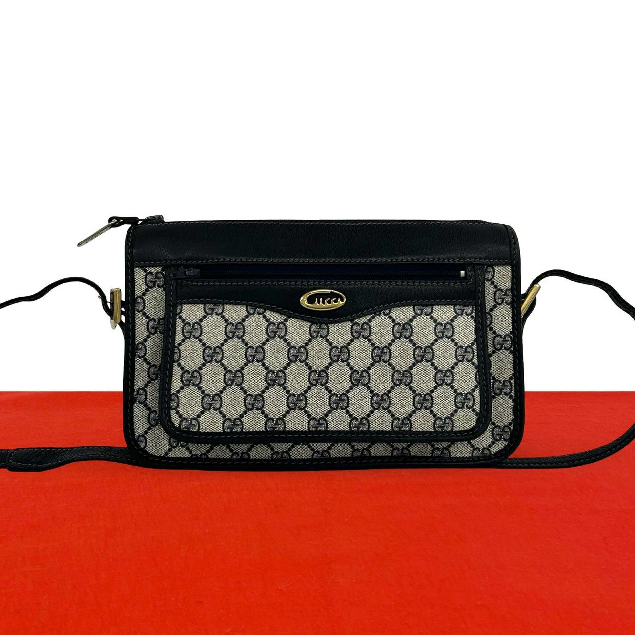 Gucci Vintage GG Logo Handle Leather Shoulder Bag Sacoch Pochette Navy