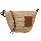 Loewe Shoulder Bag Slit Pochette Raffia Calfskin Anagram Logo Patch Natural