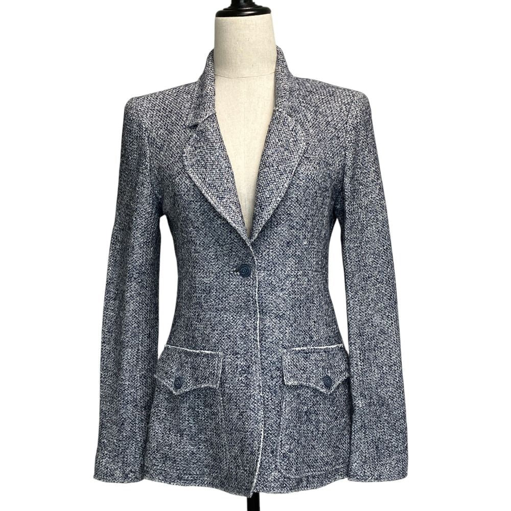 Chanel Lining Camellia CC Logo Button Linen Summer Tweed Jacket 38 Navy