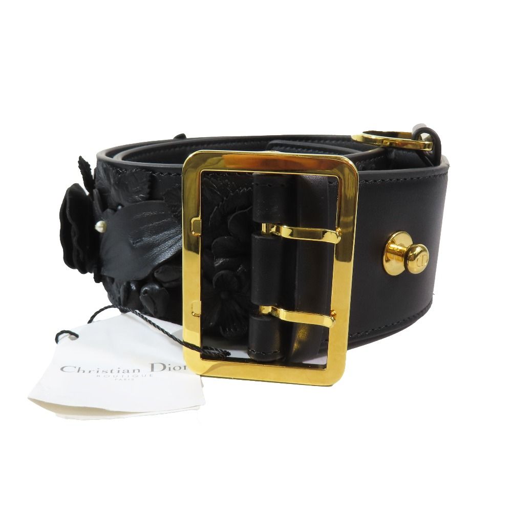 Dior Flower Motif Floral Pattern Decoration Leather Belt Black Gold — view 2