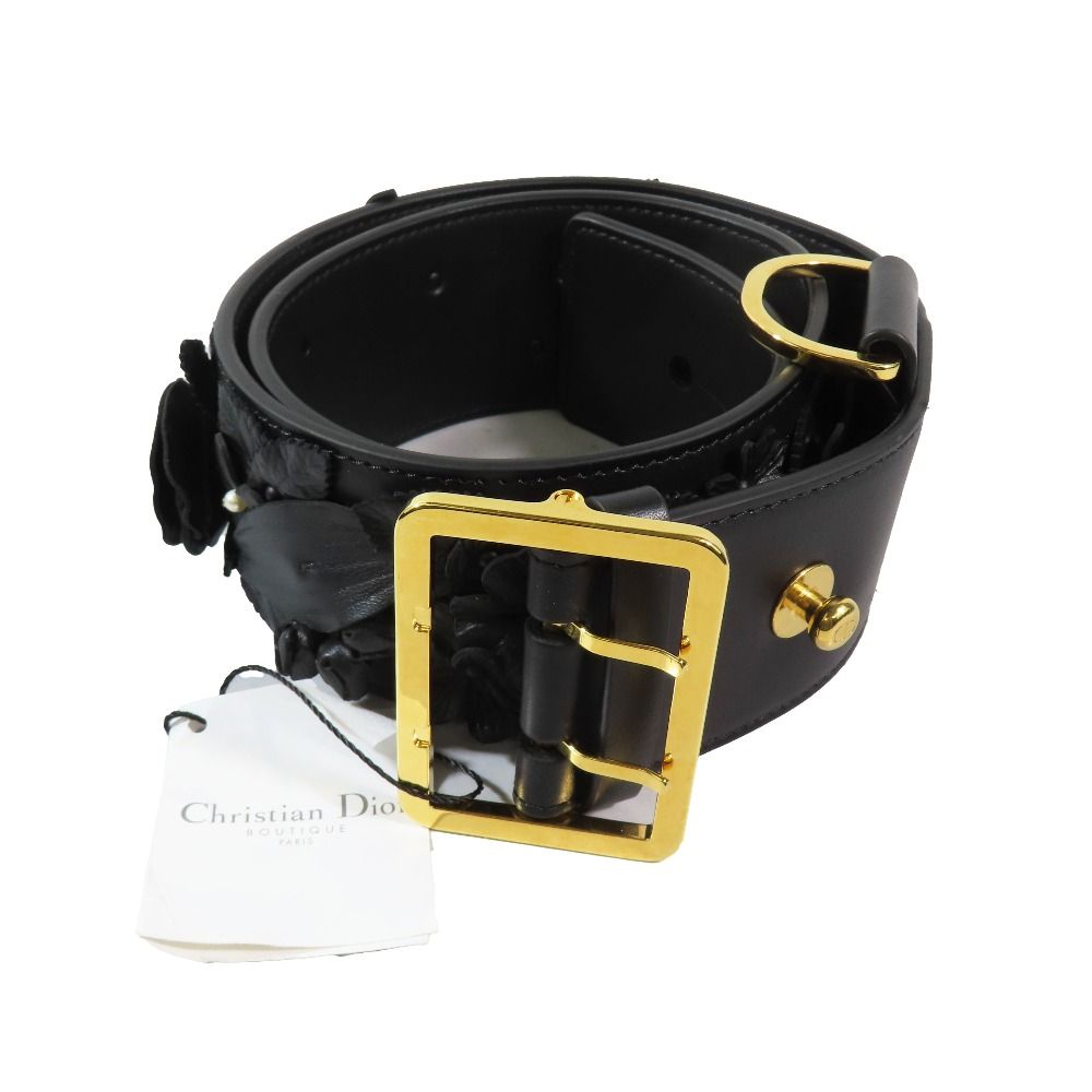 Dior Flower Motif Floral Pattern Decoration Leather Belt Black Gold