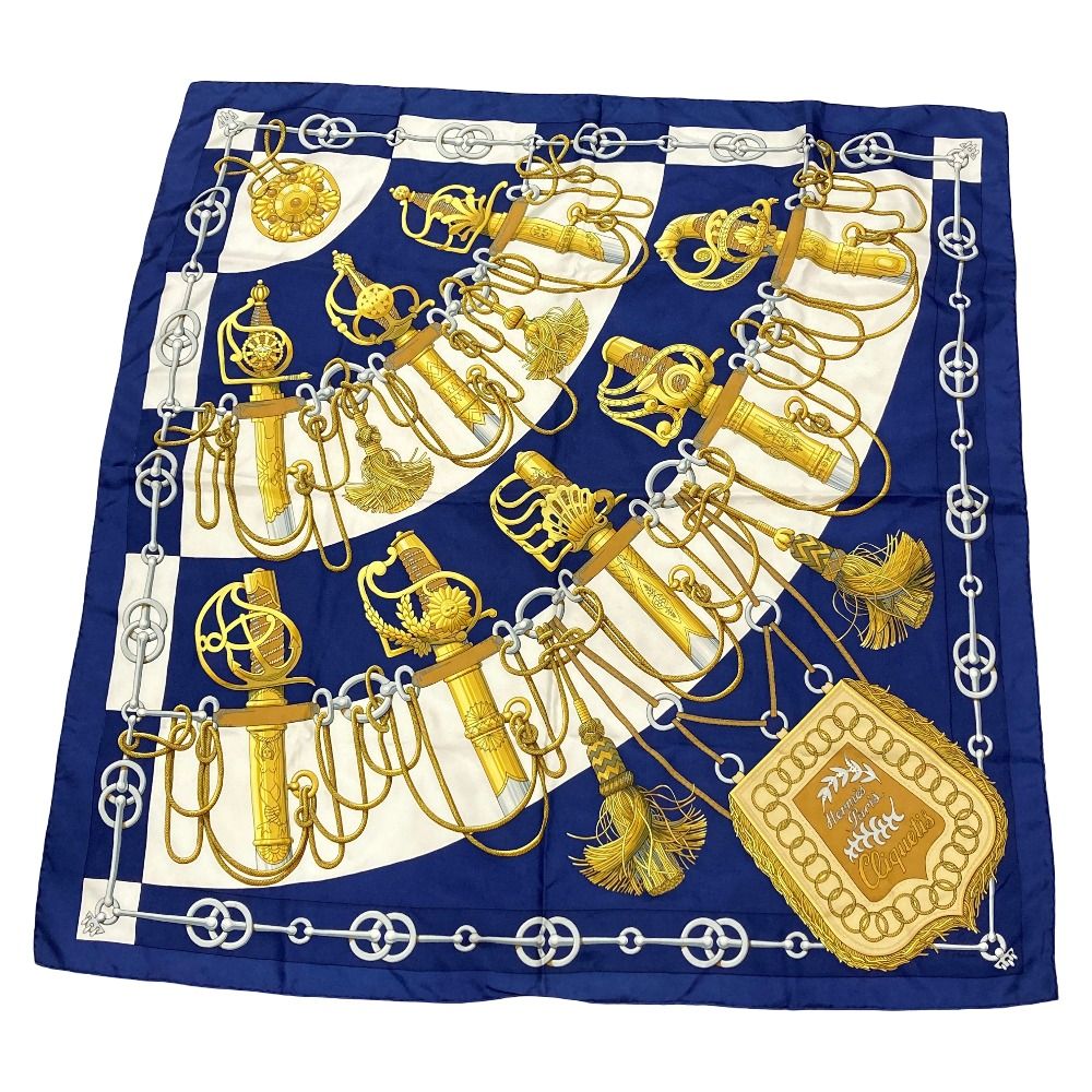 Hermes Carre 90 Julia Abadie Cliquetis Ticking Sword Handle Large Scarf Navy