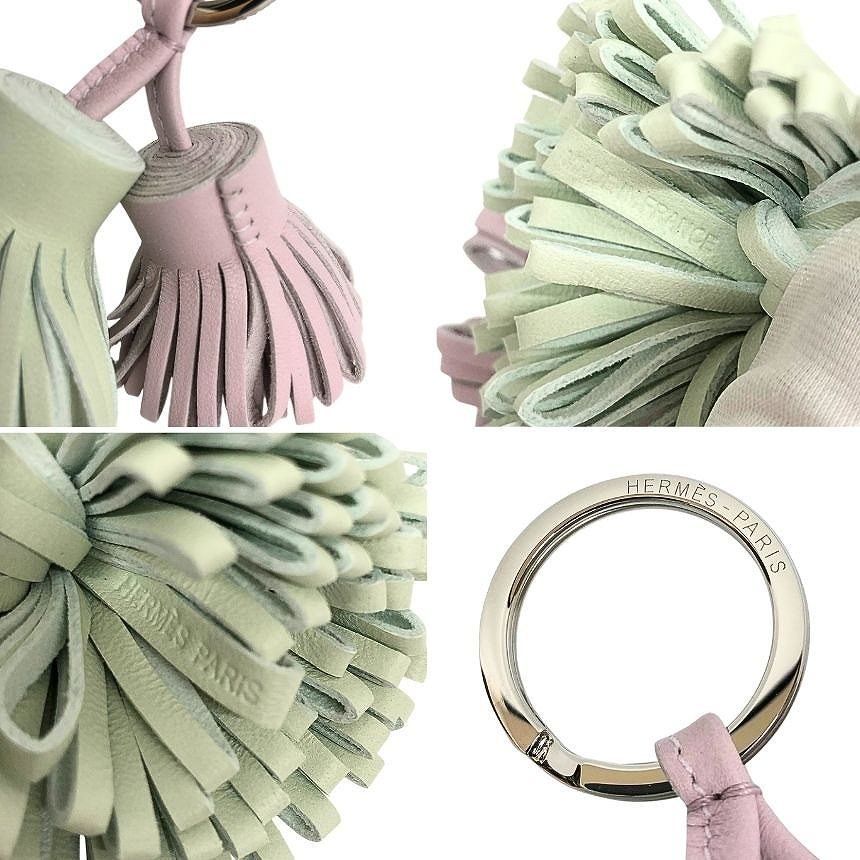Hermes Carmen Unodos Key Holder Key Ring Fringe Charm Leather Mauve Pale Vert — view 3