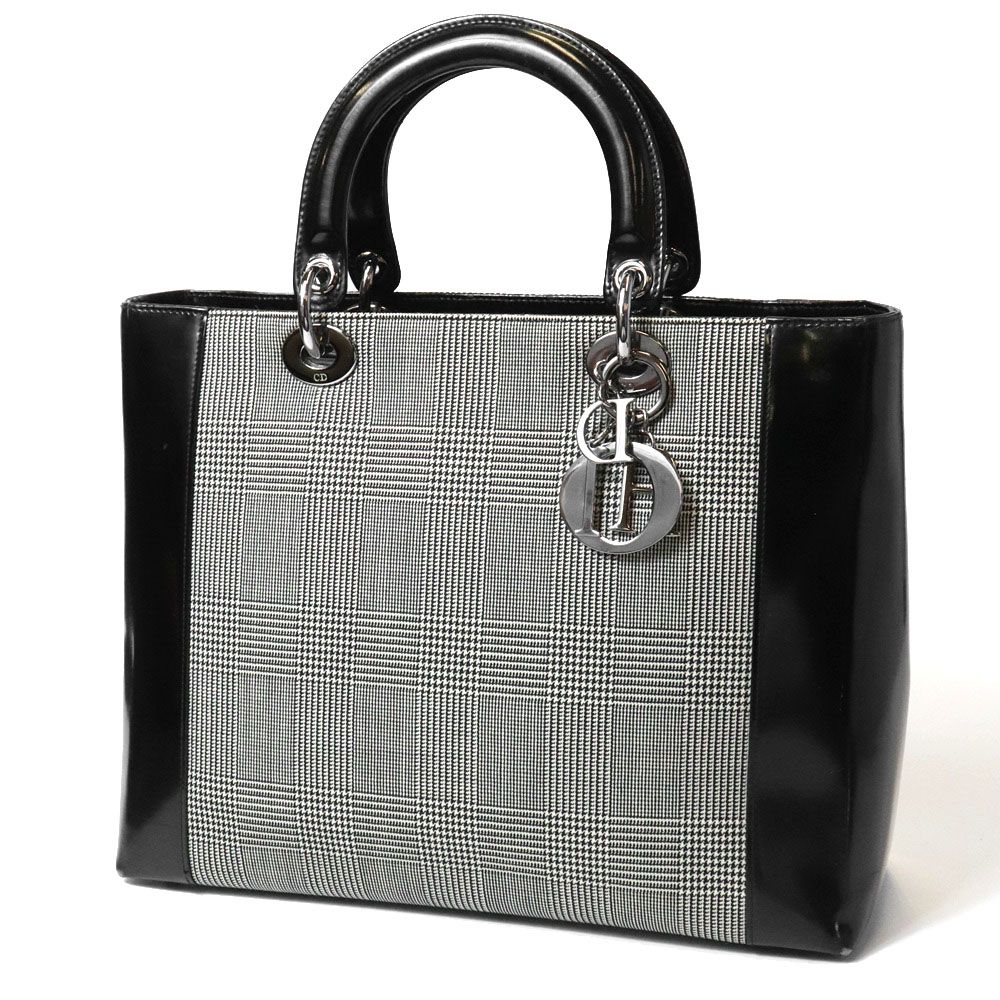 Dior Lady Dior Canvas Patent Handbag Black Gray — view 2