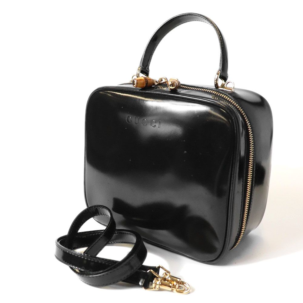 Gucci Bamboo Shoulder Bag Vanity 2-Way Enamel Patent Leather Black Vintage