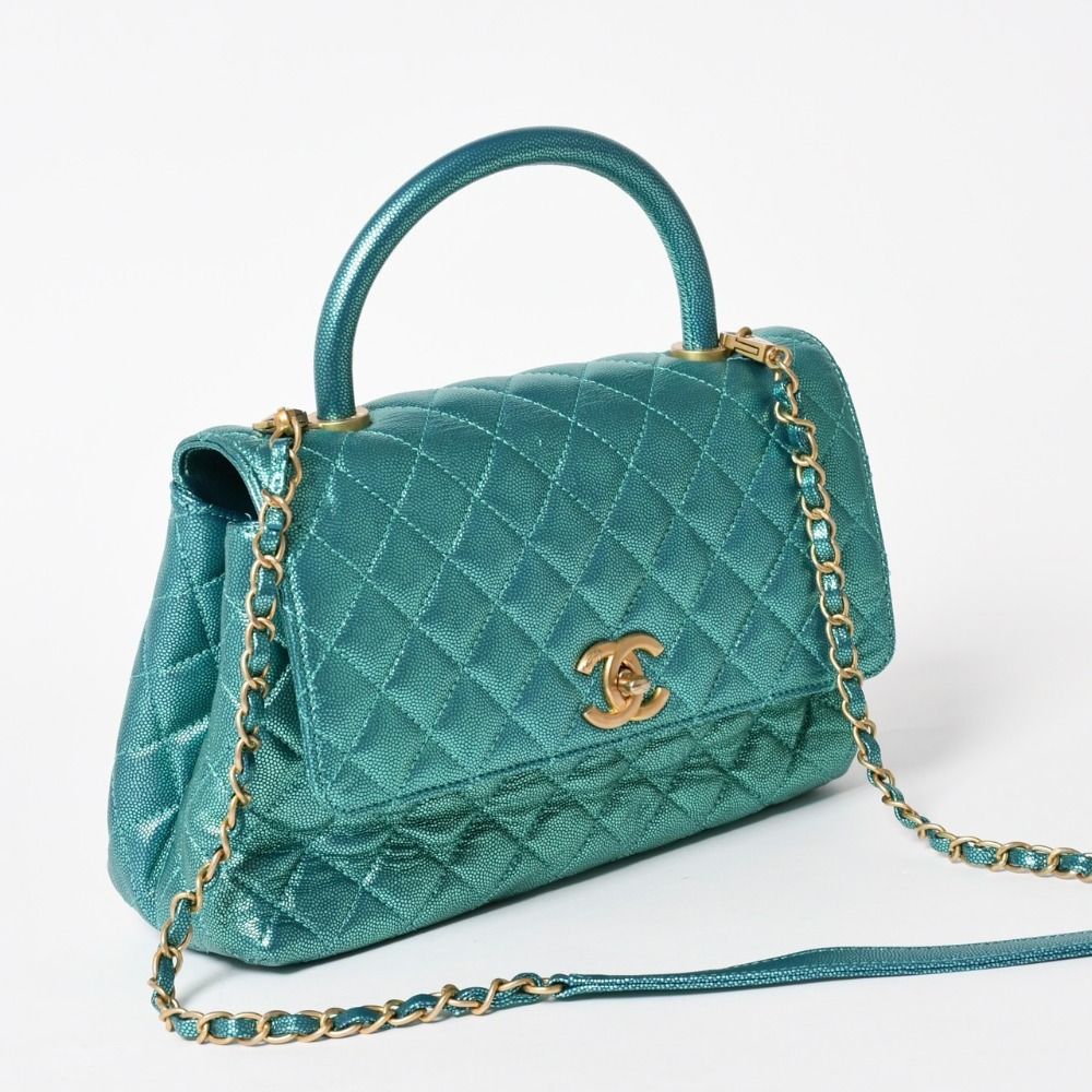 Chanel Coco Handle 29 2-Way Bag CC Logo Caviar Leather Metallic Green Gold — view 3