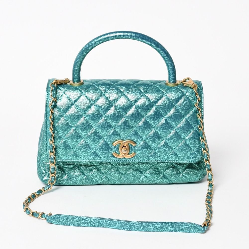 Chanel Coco Handle 29 2-Way Bag CC Logo Caviar Leather Metallic Green Gold