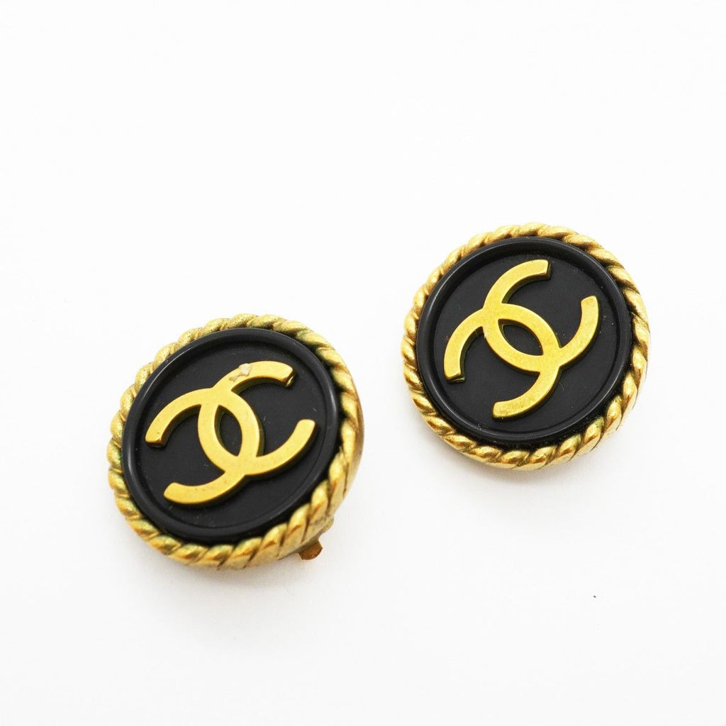 Chanel Earrings Vintage CC Logo Gold Plated Blackcles — view 2