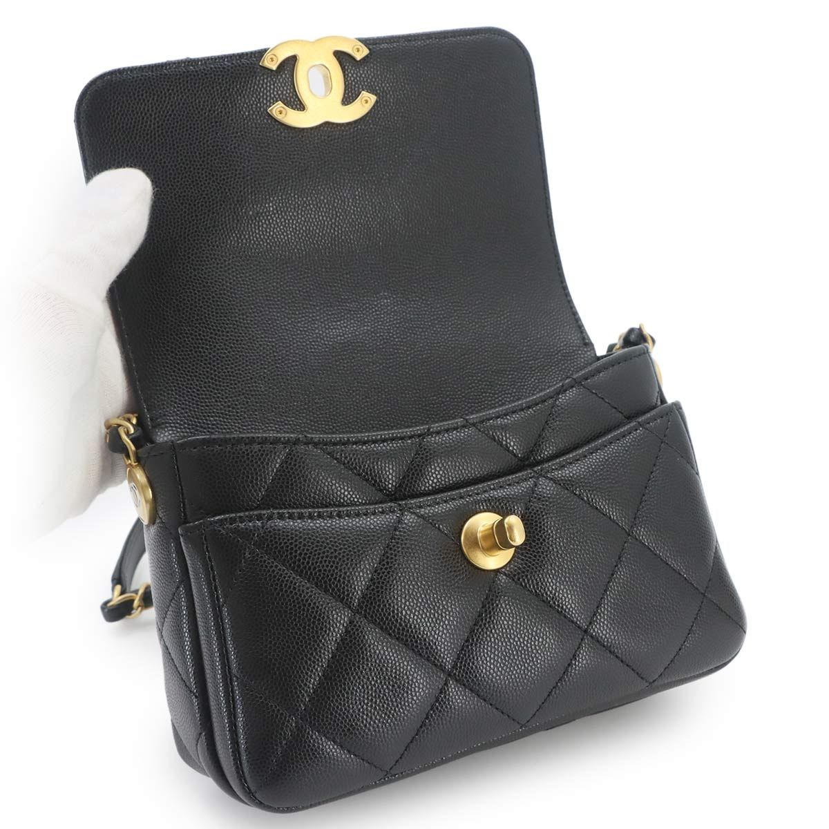 Chanel Quilted Mini Flap Chain Shoulder Bag Caviar Leather Black Gold — view 7