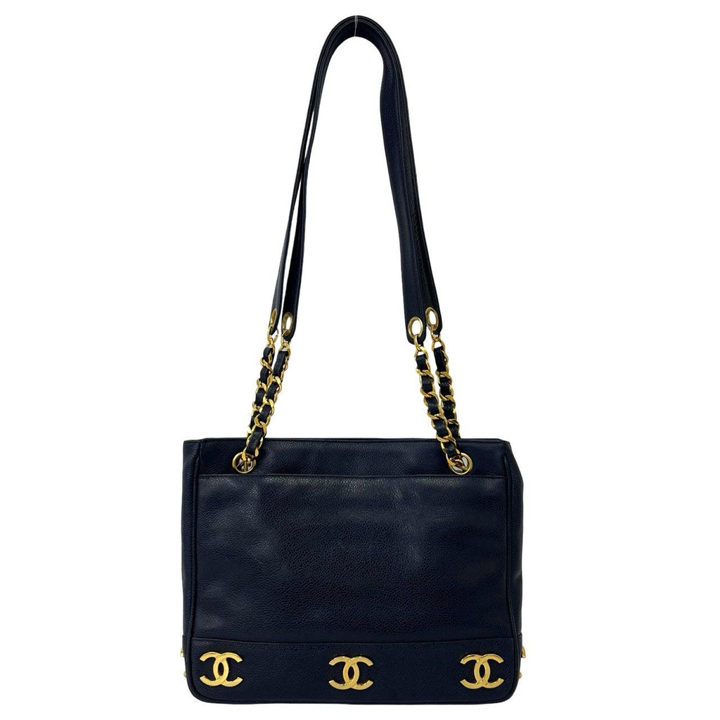 Chanel Vintage Triple Coco Caviar Leather Shoulder Bag Tote Navy — view 3