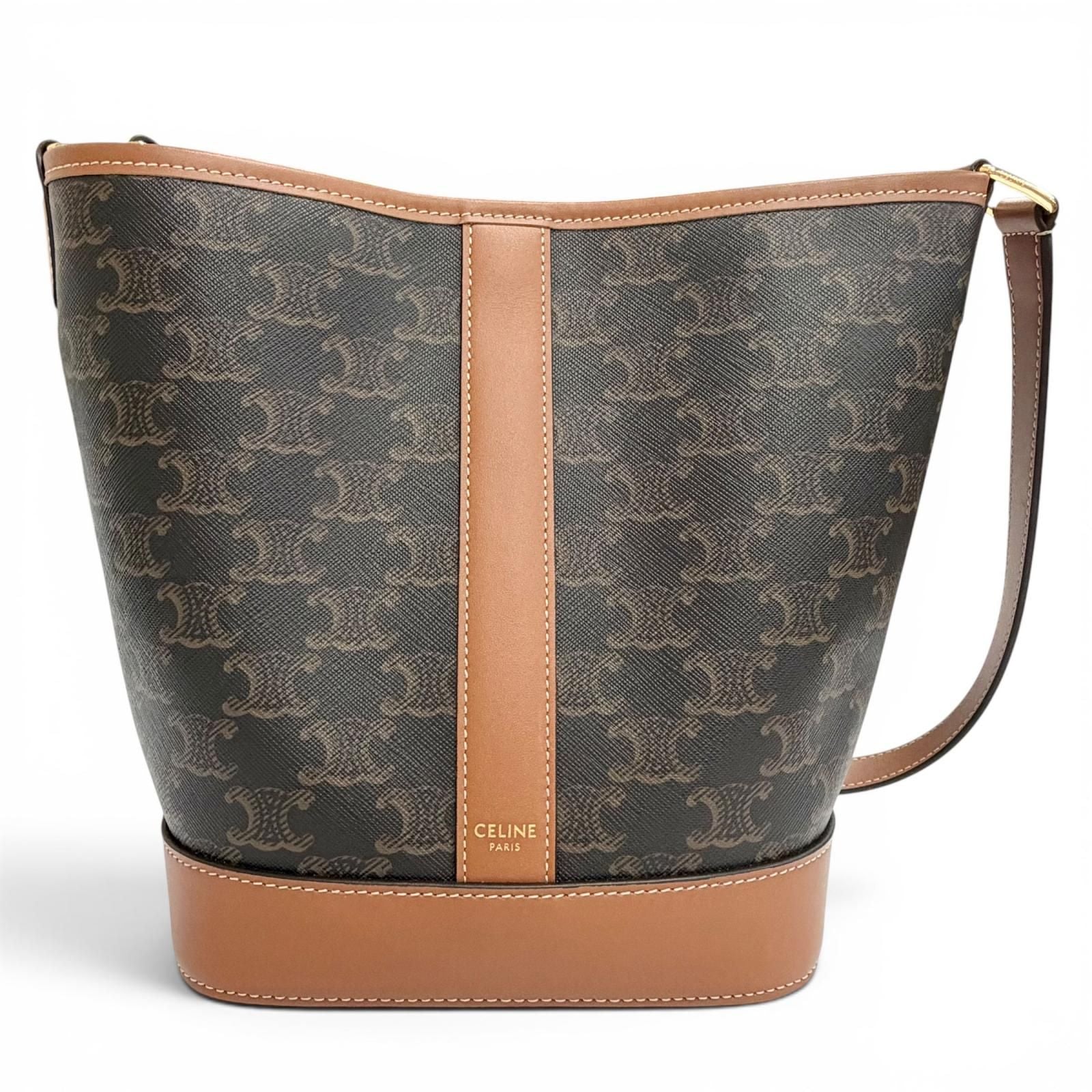 Celine Small Bucket Triomphe Canvas Calfskin Tan Shoulder Bag Brown