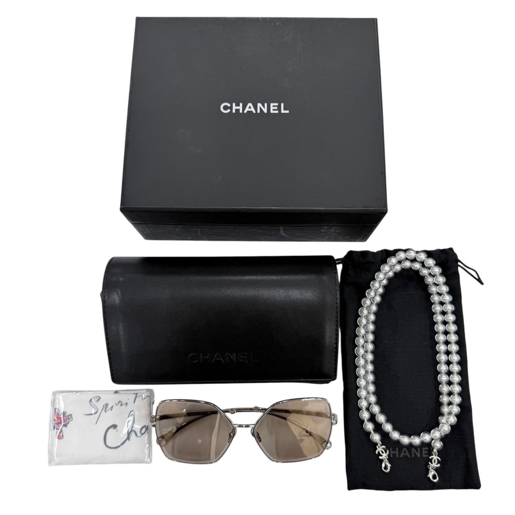 Chanel CC Logo Pearl Chain Butterfly Sunglasses Silver Brown Eyewear — view 2