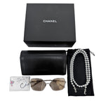 Chanel CC Logo Pearl Chain Butterfly Sunglasses Silver Brown Eyewear — view 2