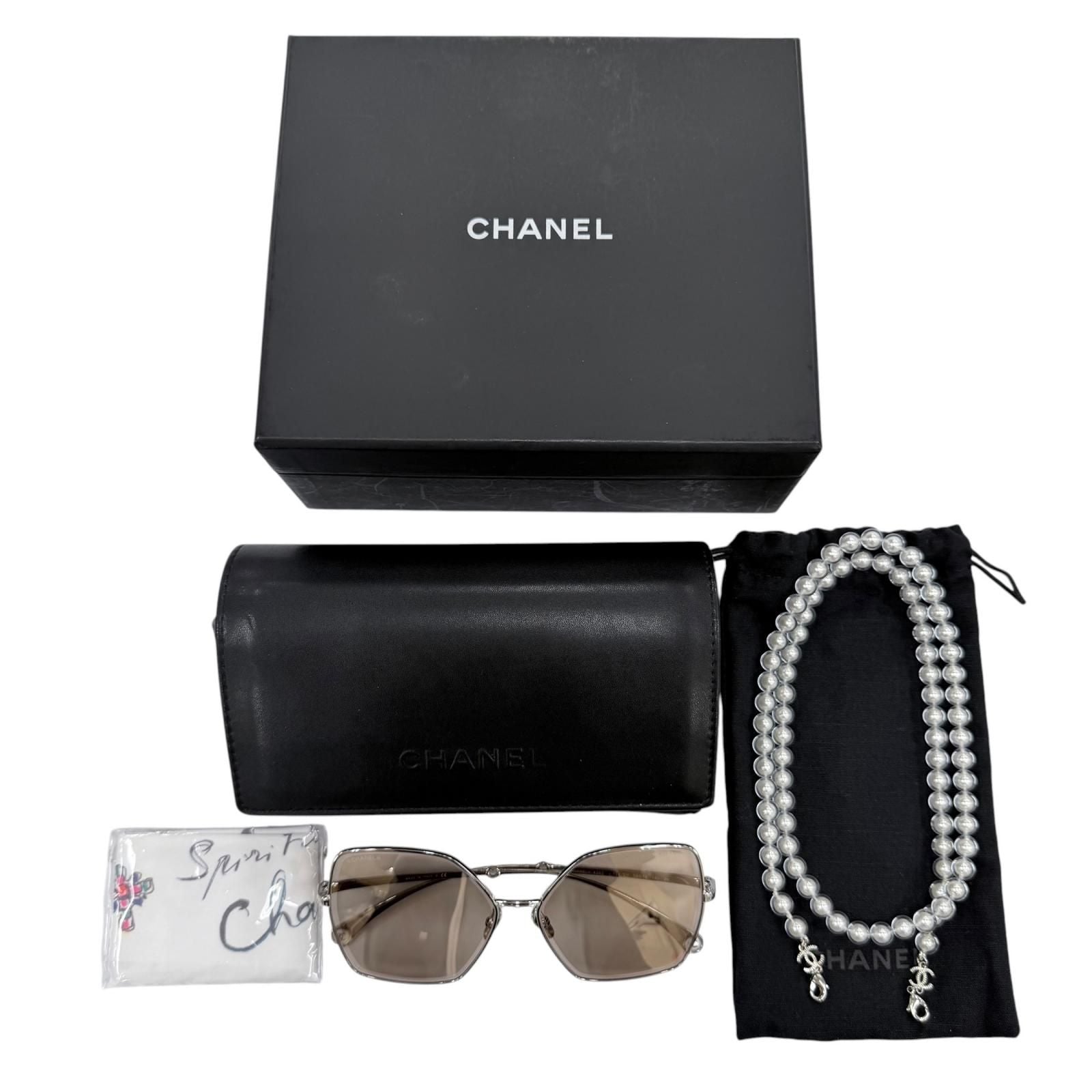 Chanel CC Logo Pearl Chain Butterfly Sunglasses Silver Brown Eyewear — view 2
