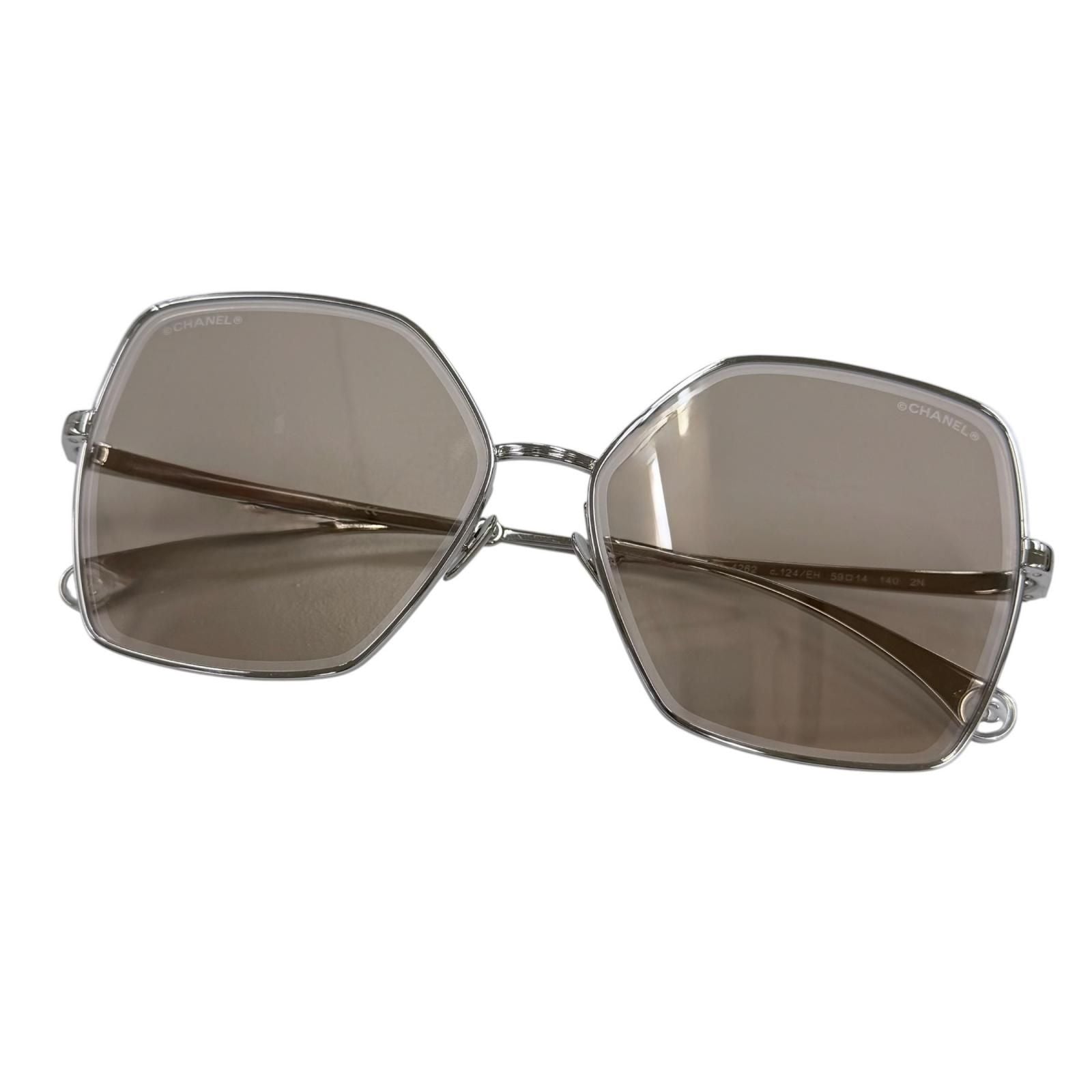 Chanel CC Logo Pearl Chain Butterfly Sunglasses Silver Brown Eyewear